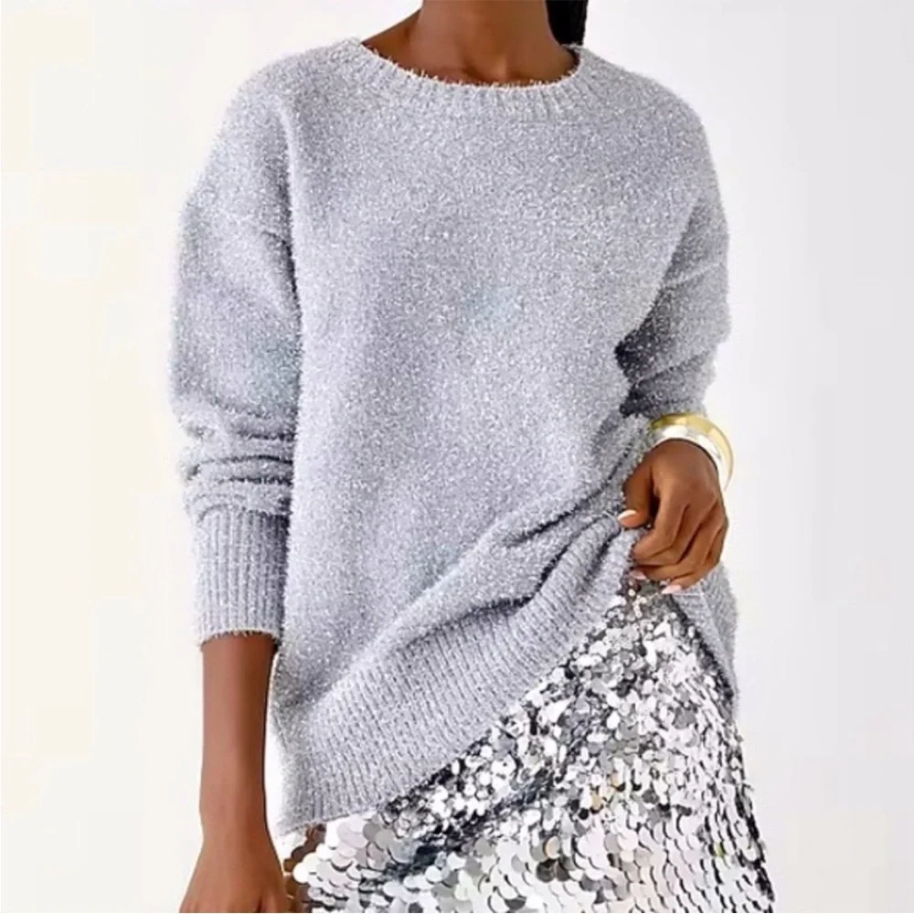 J.Crew Relaxed Crewneck Sweater in Metallic Brushed Yarn Silver New YearvSmall